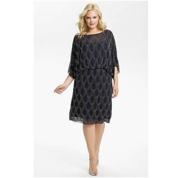 Cache’ Women’s Size 0 Beaded Blouson Chiffon Dress‎ Navy Bronze - Picture 1 of 7